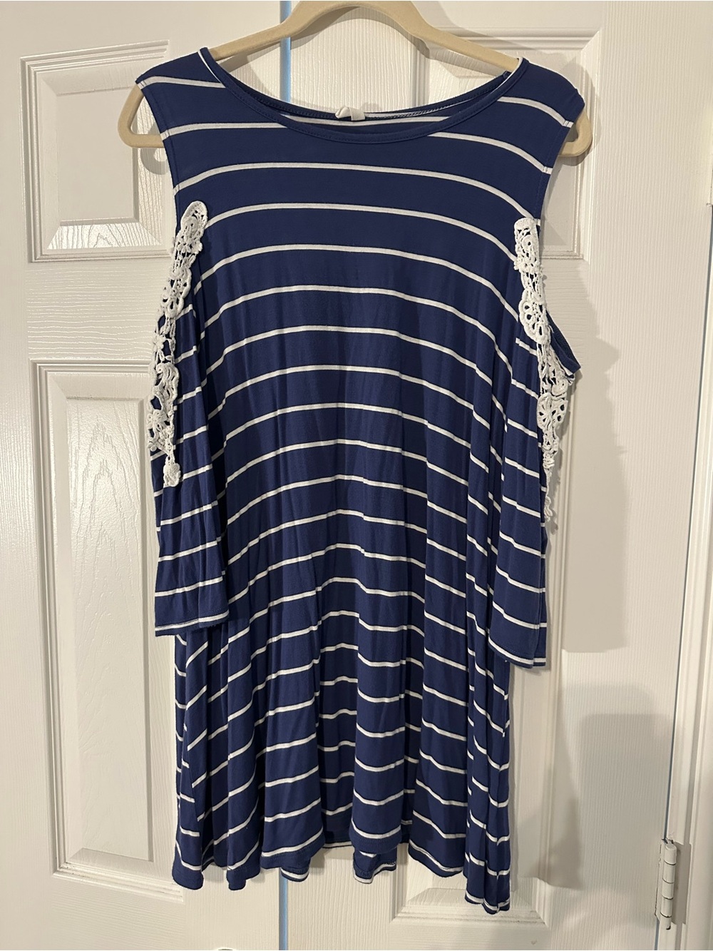 Pinkblush Navy and White Striped Cold-Shoulder shirt with Lace Detail